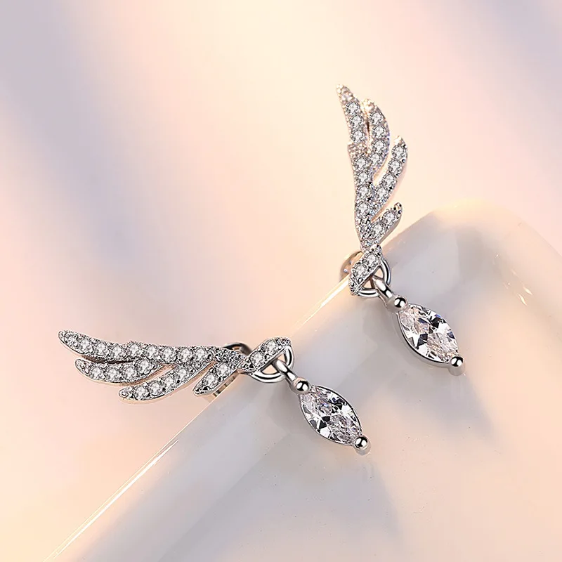 Luxury Brand Trendy Angel Wings Earring Studs Silver Statement Cubic Zirconia Earrings Fashion Earing for Women Oorbellen