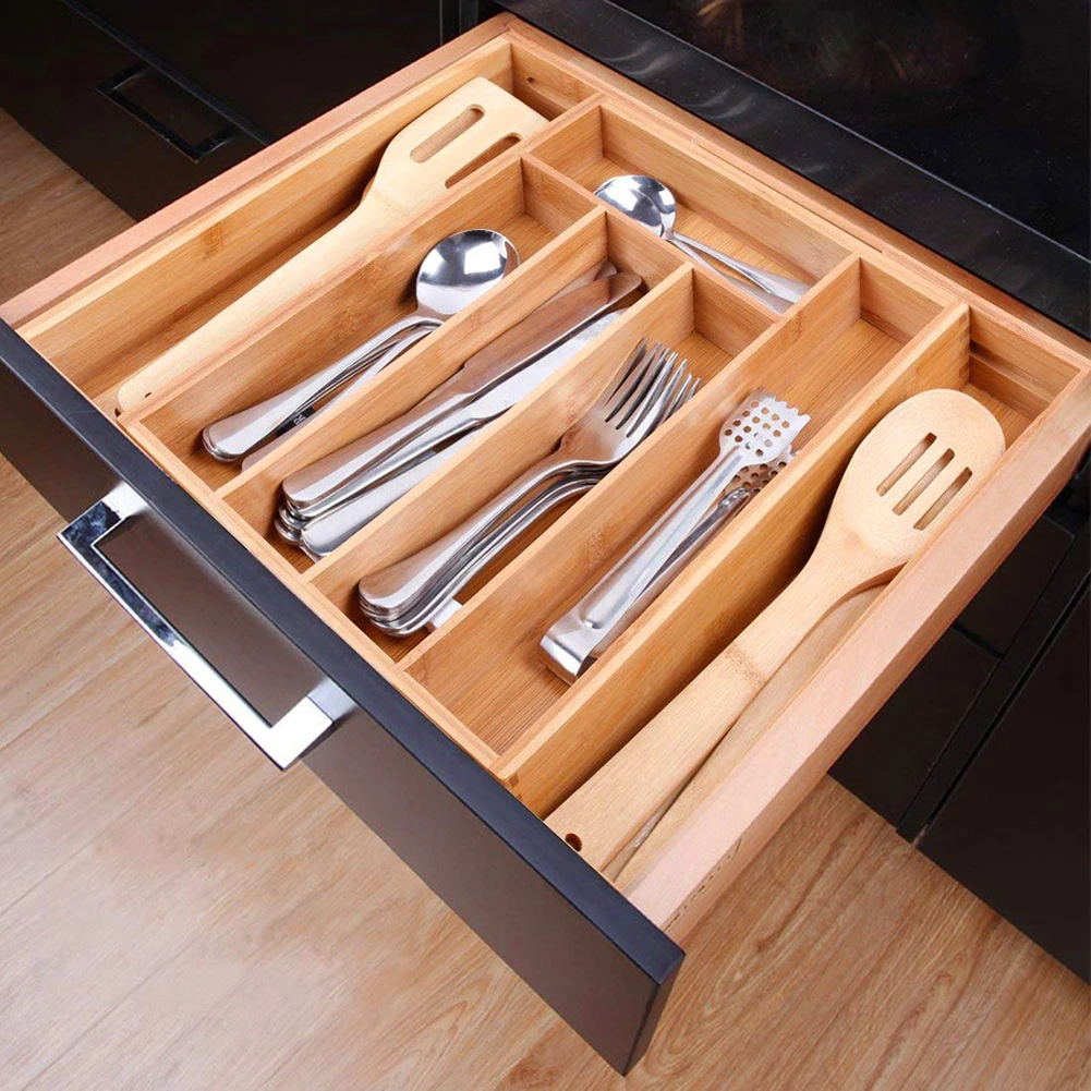 Prezzo 7 griglie Cucina Scatola di Immagazzinaggio Posate Espandibile Generi Alimentari Vassoio di Strumenti Di Bambù Cassetto Organizzatore Multifunzionale Argenteria Titolare B4
