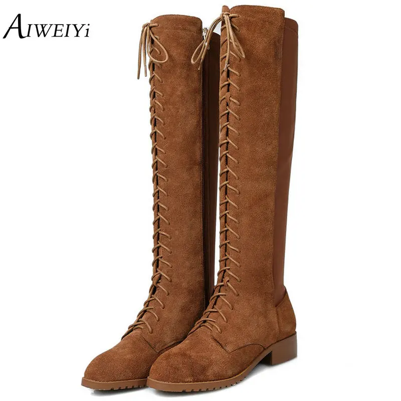 

AIWEIYi Genuine Leather Over The Knee Boots Sexy Flock Thick Heels Platform Round Toe Lace up Riding Boots Fashion Women Shoe
