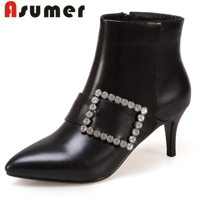 Las Botas Para Simple Asumer Tacones Sólido Crystal Genuino Botines Señalaron Fur black Delgados 2018 Black Toe Not Fur Mujeres De Cuero Nueva Moda Invierno With nq8wXY8v