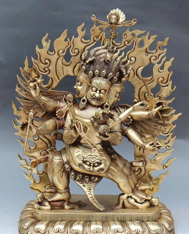 

shitou 003274 22" Tibet Buddhism Bronze Joss Protect 3 Head 8 Arms Mahakala Buddha Set Statue