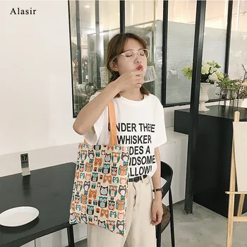 

Alasir Cute Owl Canvas Shoulder Bag Double-Sided Use Casual Women Handbags Canvas Grocery Tote Bag