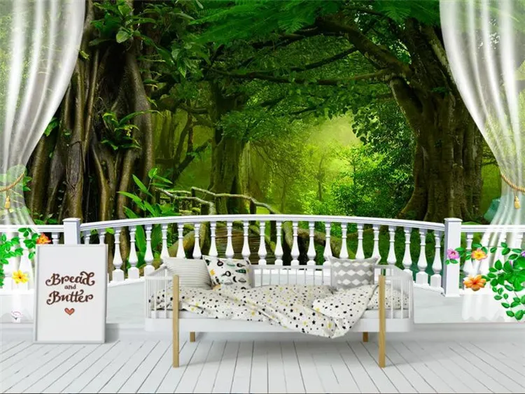 

Custom 3d wallpaper nature landscape green big tree forest waterfall balcony landscape background wall 3d wallpaper