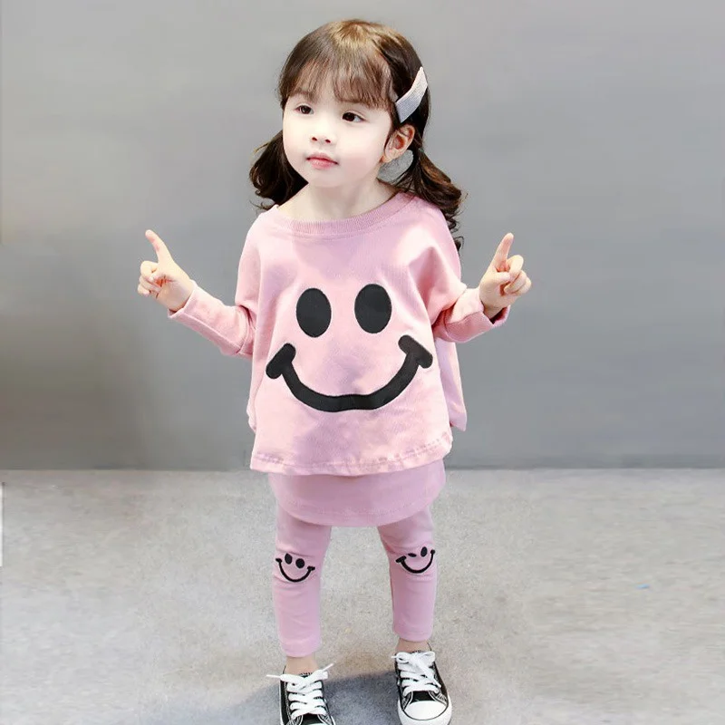 

fashion Baby Clothes for girls Warm Smile Print T-shirt Blouse Trousers Pants Autumn kid Baby Girls Set
