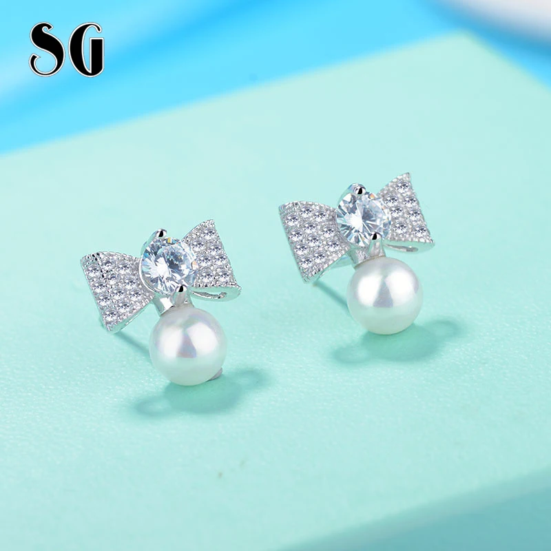 

SG 2019 New fashion Gift Butterfly earrings pearl 925 Sterling silver with cubic zirconia Stud Earrings for Women Hot Sale