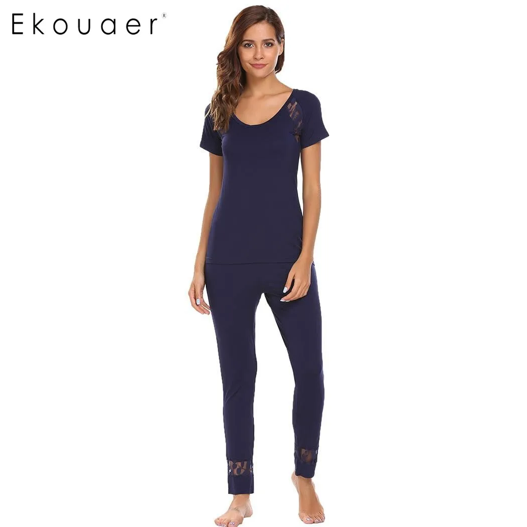 Ekouaer/Брендовые женские кружевные пижамы с круглым вырезом топы короткими