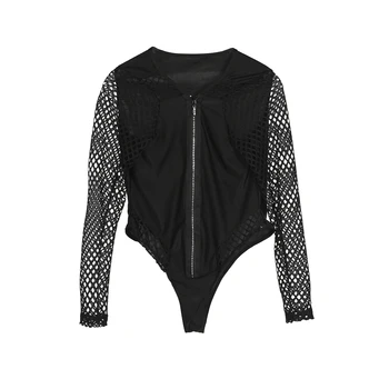 

Women Bodysuits Zipper Basic Long Sleeve Jumpers Slim V Neck Rompers Hollow Sleeve Jumpsuit Sexy Black Bodysuit