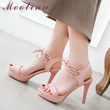 

Meotina Women Shoes Summer Sandals Bow Platform Stiletto Heel Shoes Cross tied Extreme High Heel Sandals Ladies Plus Size 33-43