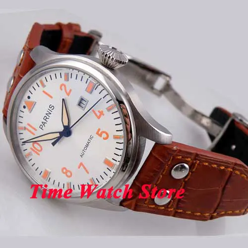 

Parnis 47mm white dial orange marks deployant clasp Automatic 2551 movement men's watch 84