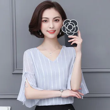 

Women Spring Summer Style Chiffon Blouses Shirts Lady Casual Short Sleeve Bow Tie V-Neck Flare Sleeve Blusas Tops DD1828