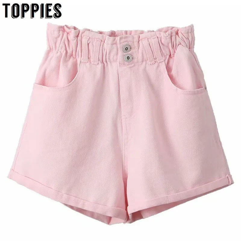 

2019 Summer Pink Hot Shorts Button Fly High Waist Crimping Shorts Elastic Waist Cute Korean Student Bottoms