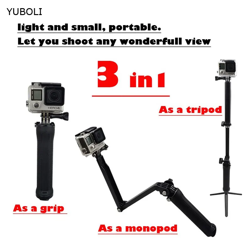 Go Pro 3-way pole Grip портативный селфи палка штатив монопод для GoPro Hero 5/4/3+ SJCAM SJ4000 sj5000x Xiaomi Yi 4k 4k plus 2