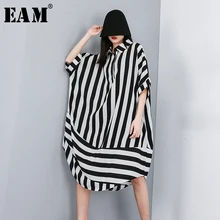 [EAM] New Spring Summer Lapel Half Sleeve Black Striped Printed Split Joint Big Size Shirt Women Blouse Fashion Tide JW574