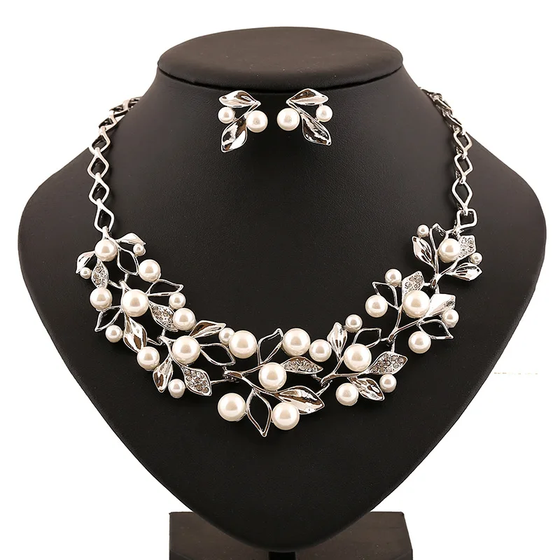 

USA Stone Unusual colorful Fine CZ Fashion faux pearl clover leaves women's clavicle set Pendant necklace earrings Jewelry Sets