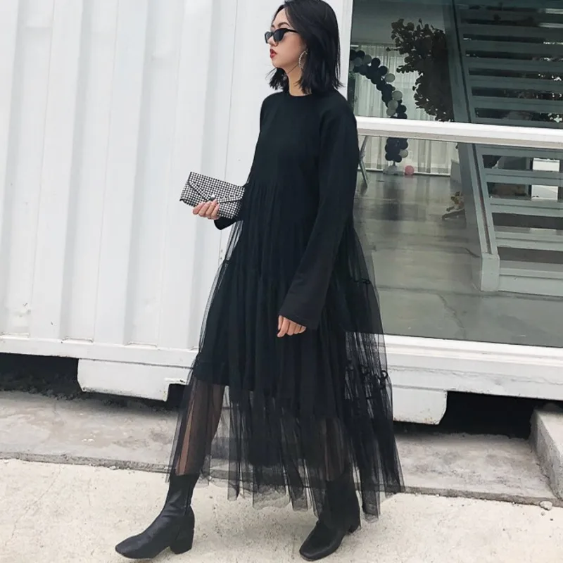 

SHENGPALAE 2019 New Spring Summer Dresses Long Sleeve Round Collar Stitching Lace Korean Fashion Women Casual Loose Dress FL435