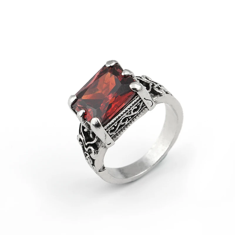

Classic Men Ring Hot Sale Vintage Retro Antique Silver Plated Carved Yonago Design Square Red Resin Stone Ring jewelry size 6-11