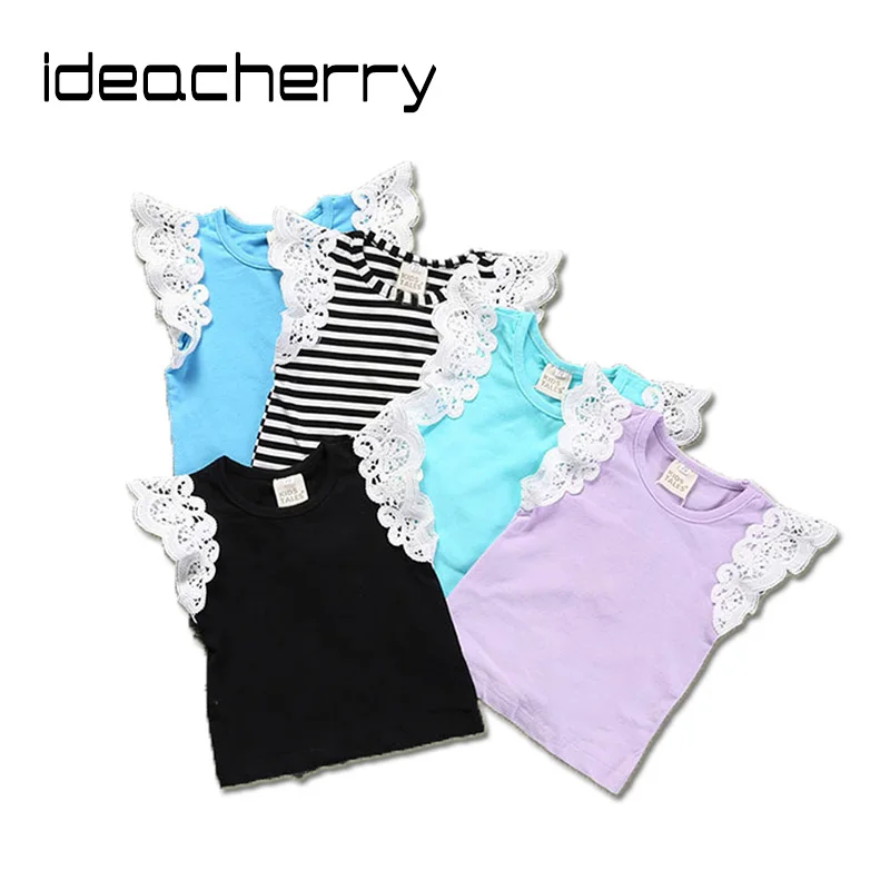 

ideacherry Child's Cotton Vest Clothes Lovely Girls' Lace Sleeve Tops Summer New Baby Girl Striped T-shirt fit for 0-5 Years Kid