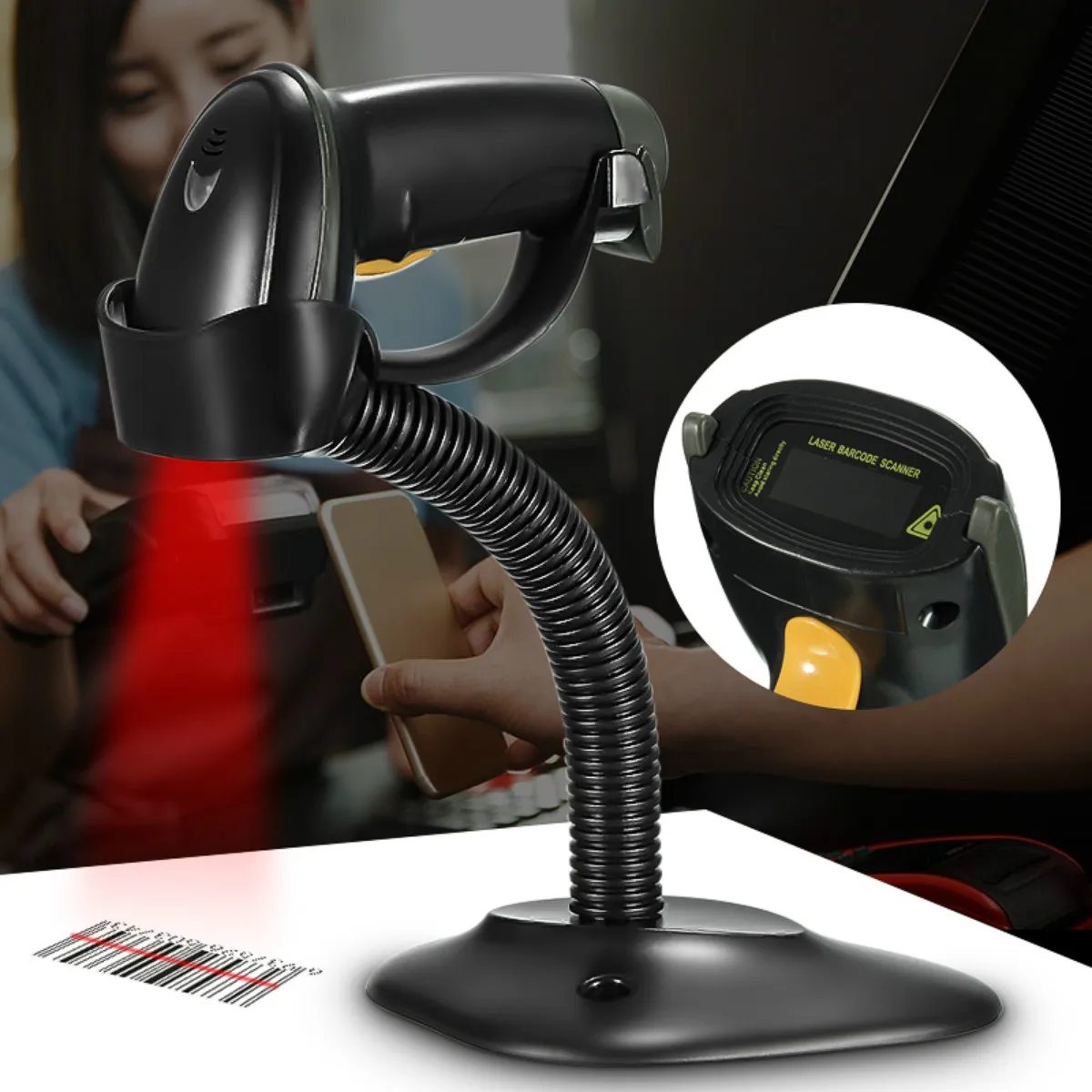

USB Laser Barcode Scanner Handheld Scanner with Stand Holder Automatic Bar Code Reader Auto Scanning Gun POS Scan for Inventory