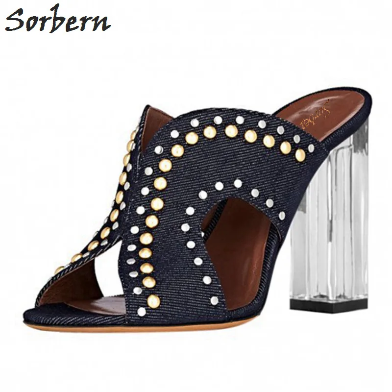 Sorbern Retro Rivet Navy Blue Women Slippers Ladies Shoes High Heel