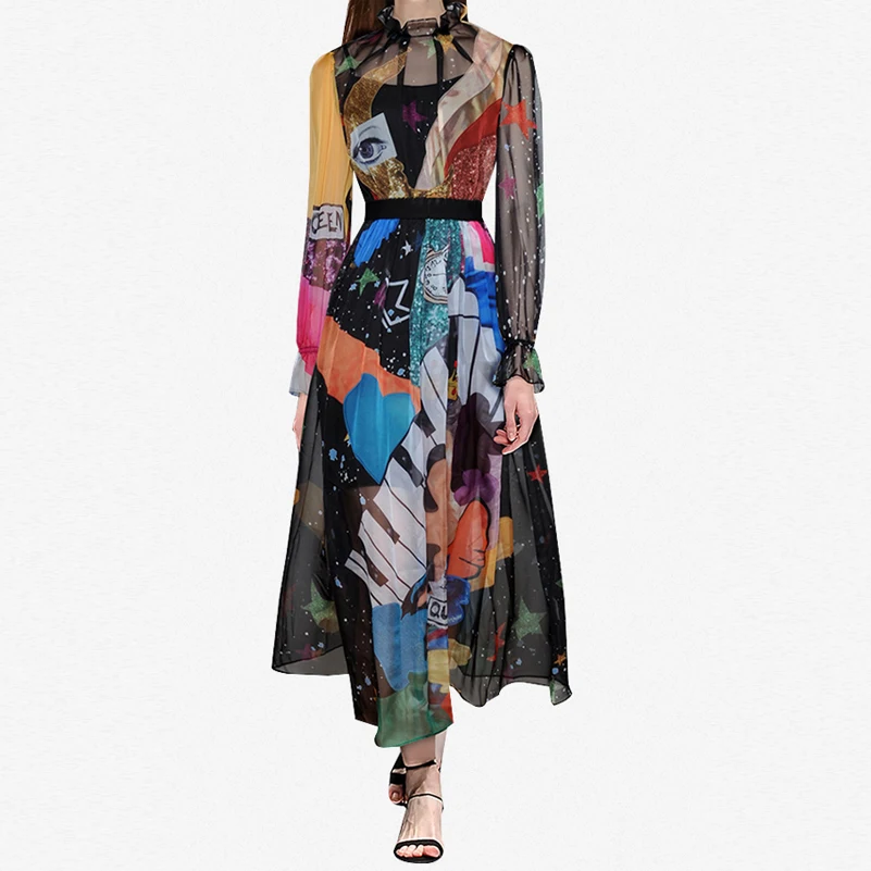 Высокое качество летнее дизайнерское модное подиумное Макси Платье женское с длинным рукавом с принтом винтажные вечерние платья для пляжа длинное платье