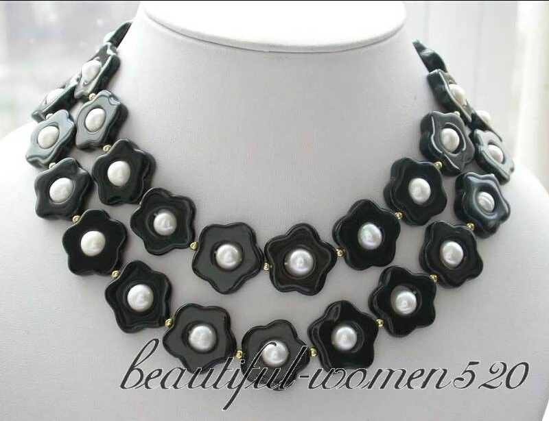 

~~ BJC 00004 black agate flower 8mm white pearl necklace Discount AAA