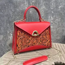 Ручная работа, натуральная кожа, резной дизайн, металлический замок, застежка, Женский однотонный кошелек, дамская сумочка, ремешок на цепочке, женская сумка через плечо