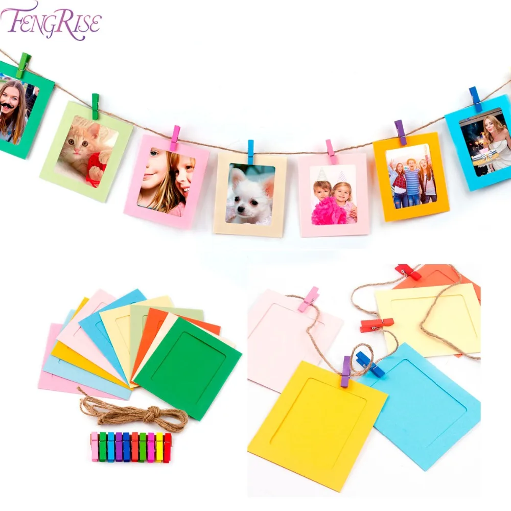 

FENGRISE 10pcs Paper Photo Frame Picture Frame With Wooden Clip and String Wedding 1st Birthday Party Decoration Photo Frame Set