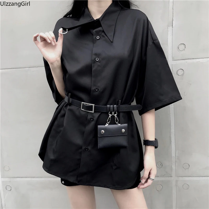 

Gothic Harajuku Waist Belt Mini Bag Pocket Hollow Ring Black Slim Blouse Korean Streetwear Women Punk Shirt Top Summer Blusas
