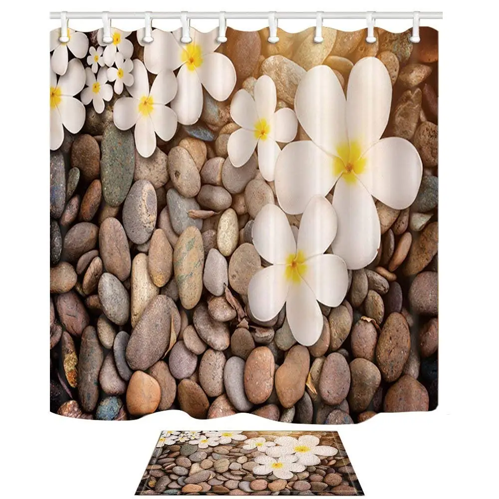 Abstract Decor White Flowers On River Stones Shower Curtain Suit With Non Slip Floor Doormat Bath Rugs