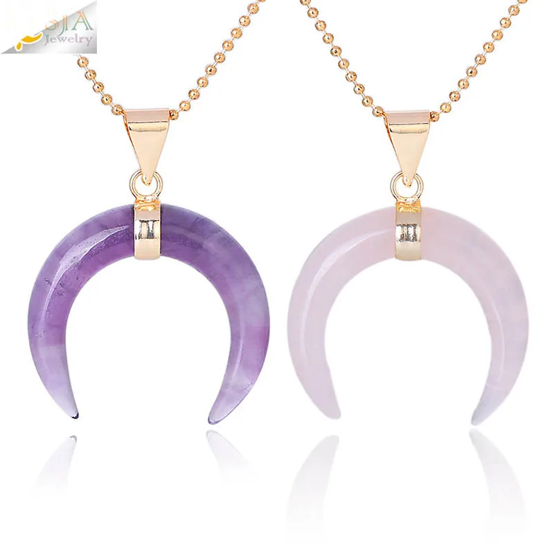 

Natural Crystal Stone Horn Necklace New Fashion Women jewelry Boho Moon Pendant Long Copper Chain Necklaces Gifts
