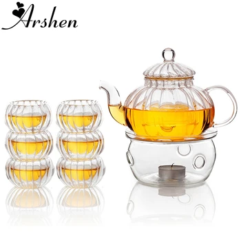 

Arshen Pumpkin Shape Teaware Set Heat-Resistant Glass 600ML Teapot Set Infuser Teapot with Warmer and 6 Pcs Double Wall Tea Cups