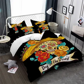 

Tribal Sugar Skull Bedding Set Golden Flowers Print Duvet Cover straw hat Skull Bed Cover Pillowcase Halloween Gift 3Pcs D40