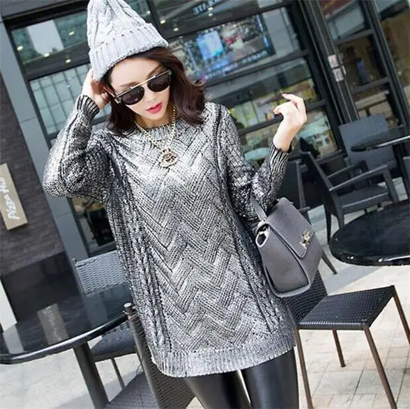 European Style Women high quality Sweater Round Neck Casual Golden