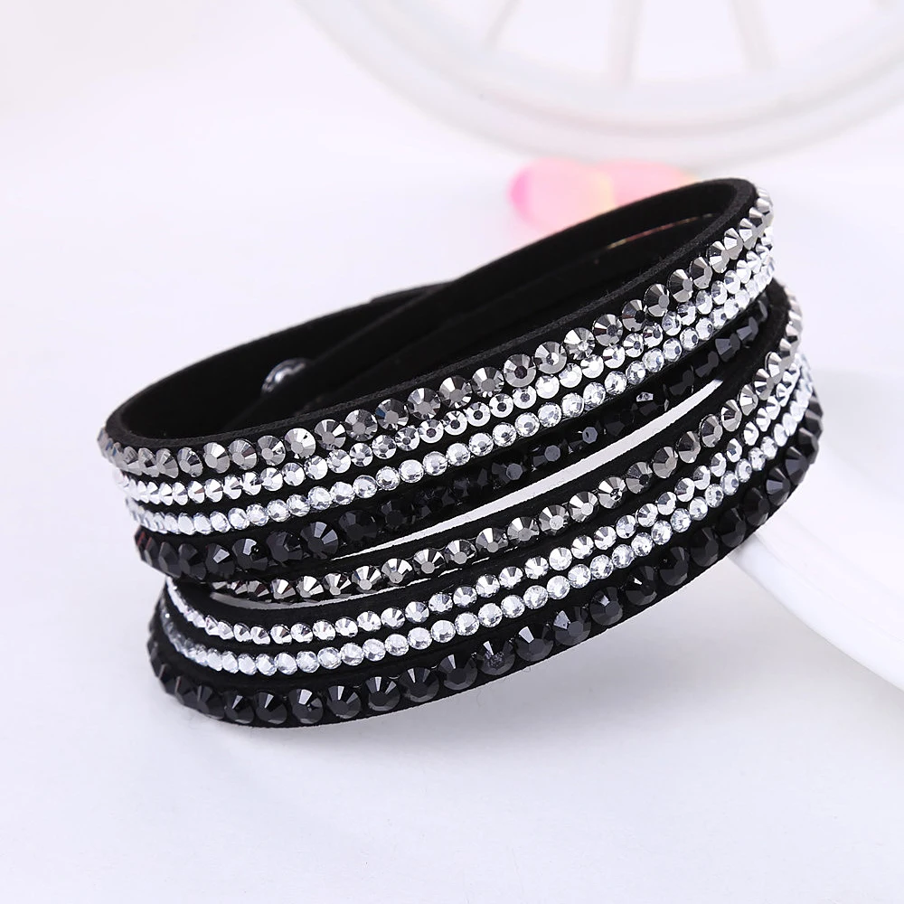 2016 New Leather Bracelet Rhinestone Crystal Bracelet Wrap Multilayer Bracelets for women feminino pulseras mulher Jewelry
