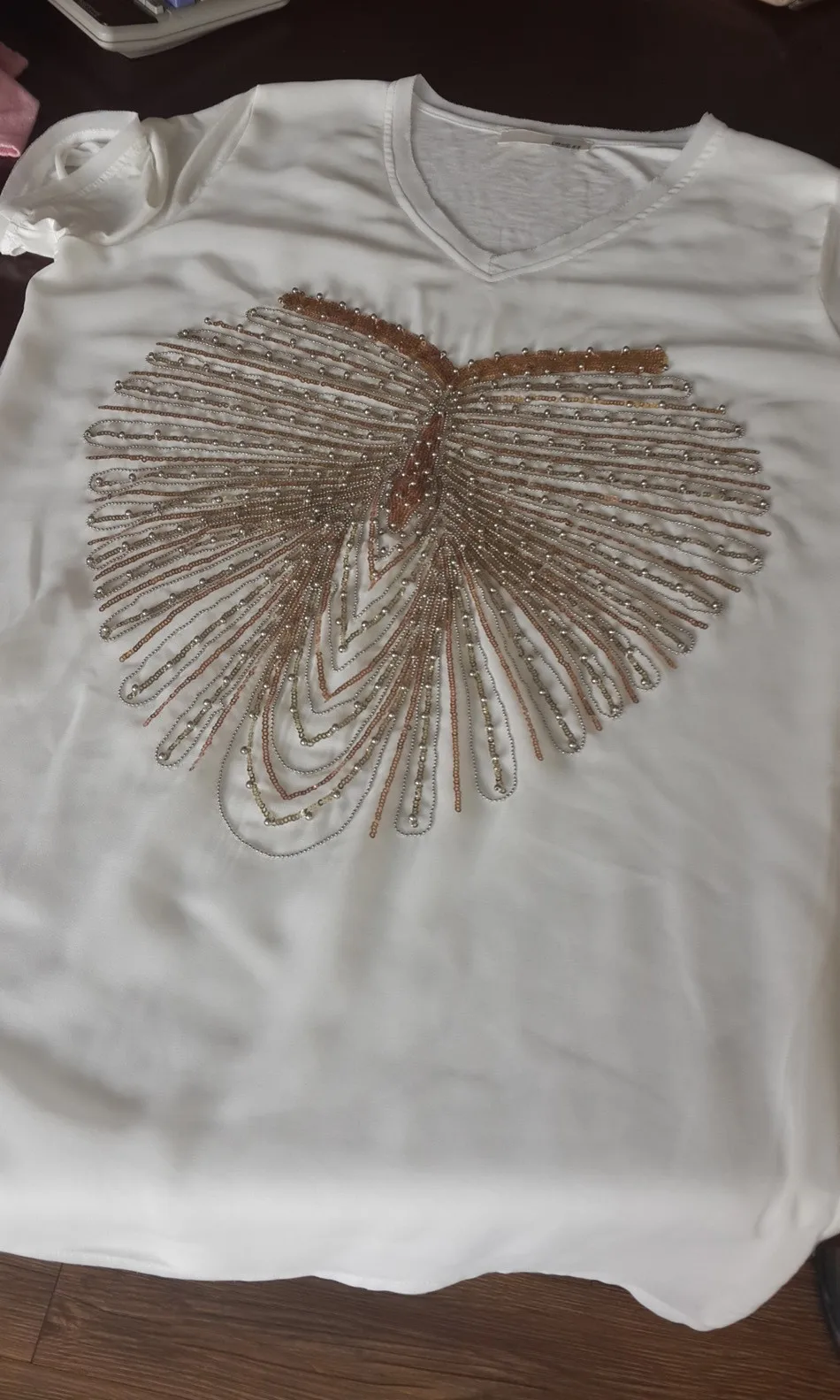 Бренд Дизайн блестками Бисер футболки v-образным вырезом Свободные Тонкий Повседневное футболка с короткими рукавами Femme RM-196