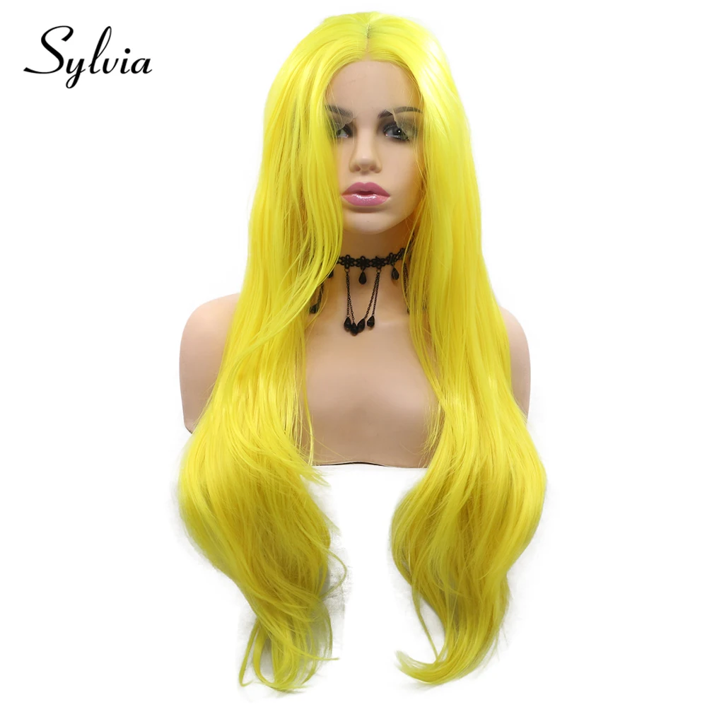 

Sylvia Pure Yellow Natural Wave Synthetic Lace Front Wigs Middle Parting Glueless Heat Resistant Fiber Hair for Woman