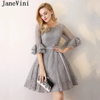 

JaneVini Elegant Lace Grey Bridesmaid Dresses Short 2018 A Line Scoop Neck Half Sleeves Ribbon Sashes Girls Pageant Prom Gowns