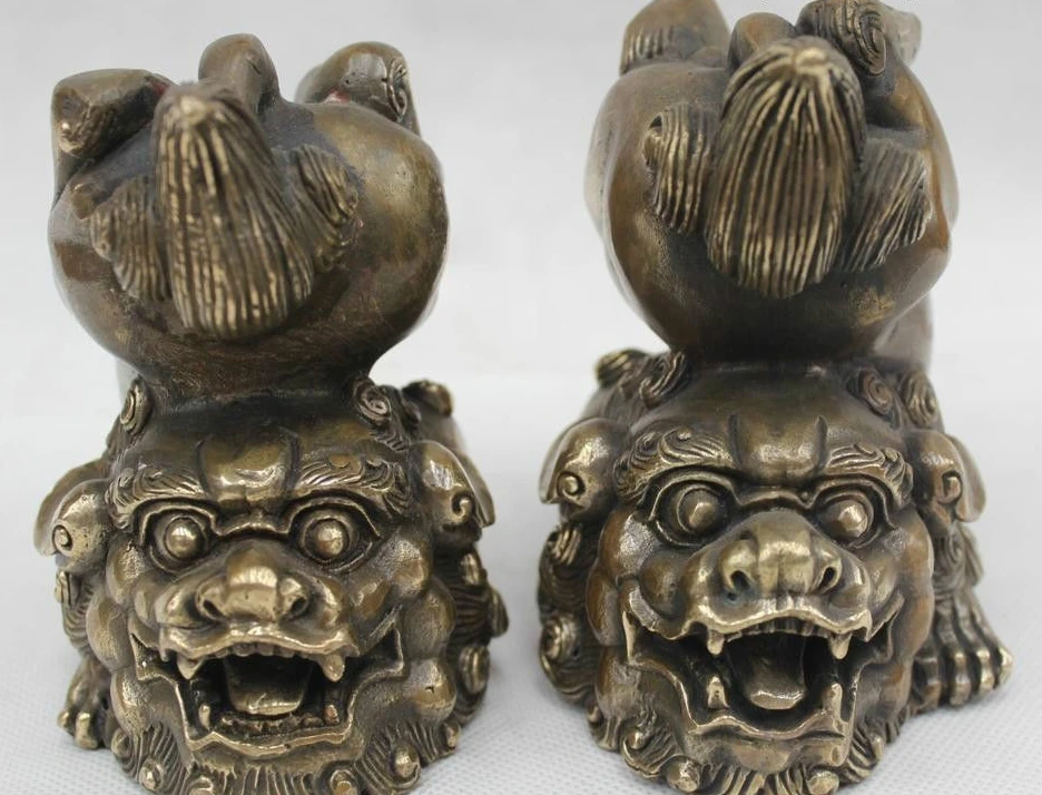 

5"Chinese Feng Shui Bronze Lucky Lifelike Foo Dogs Two Lion Play Statue