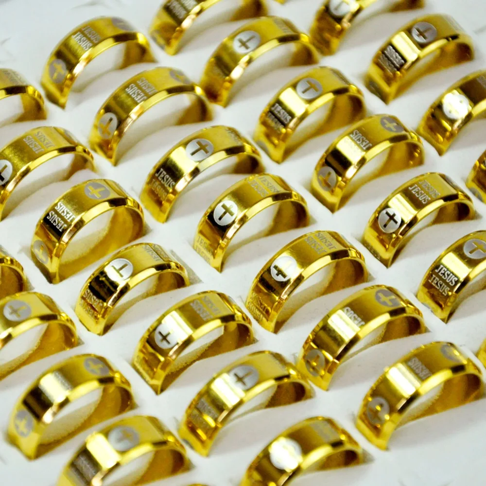 

30Pcs Hotsale Classic Jewelry Stainless Steel Letter Bible Rings Gold Band Jesus Cross Ring Prayer Free Shipping LR4087