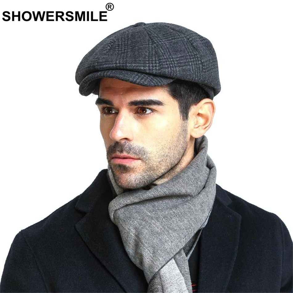 SHOWERSMILE брендовая клетчатая кепка Newsboy, Мужская винтажная шерстяная восьмиугольная кепка, Мужская теплая зимняя шапка для художника, серая кепка в британском стиле, s и головные уборы