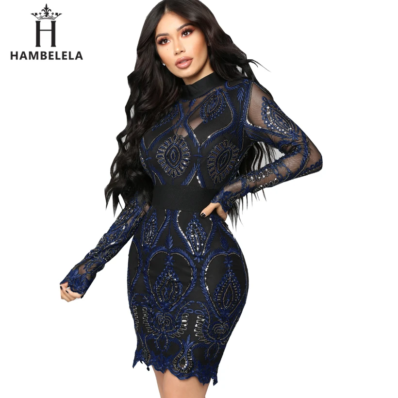 

HAMBELELA 2019 High Quality Runway Style Sexy Dress Women Long Sleeve Beading Sequined Lace Dress Elegant Bodycon Bandage Dress