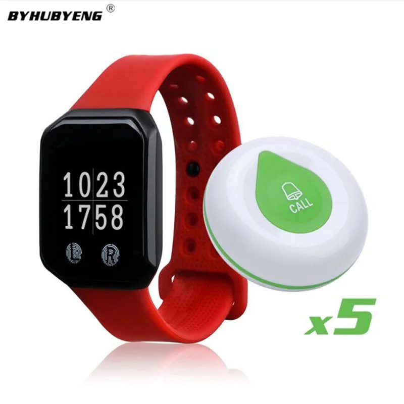 

BYHUBYENG Watch Pager For Restaurant Food Wrist Caller 1 wrist watch+5 pcs Call Button Vibrate Pocsag Waterproof Waiter Calling
