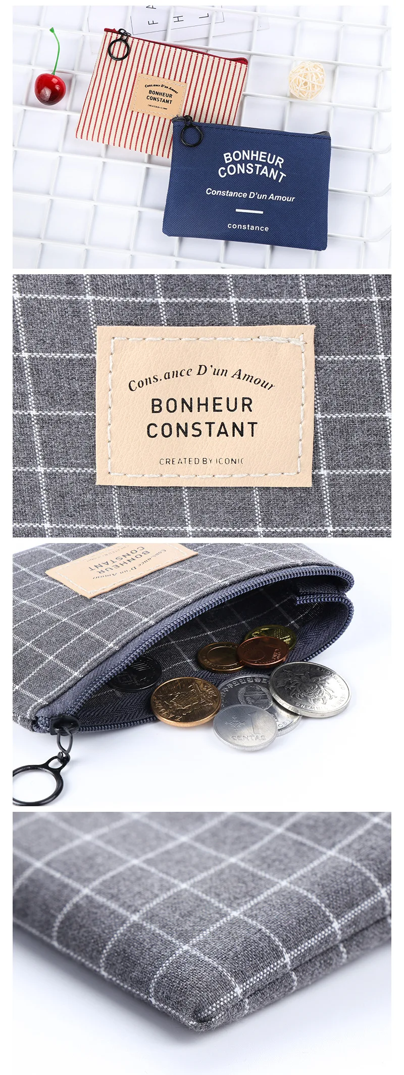 Unisex Canvas Coin Bag Purse Women Stripe Coin Money Card Holder Wallet Case Zipper Key Storage Pouch For Kid Girl Gift