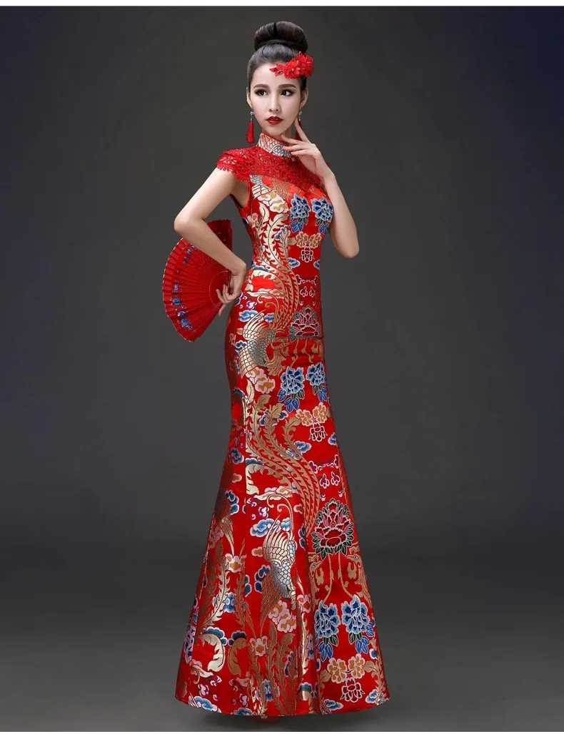 Китайские вечерние платья Cheongsam красные полые спинки атласные дракон феникс Ципао вечернее летнее рыбий хвост длинное свадебное платье