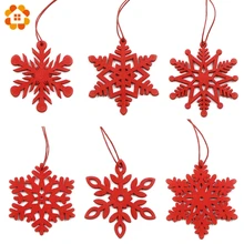 6PCS DIY White&Red Snowflakes Christmas Wooden Pendants Ornaments For Xmas Tree Ornaments Christmas Party Decorations Kids Gift