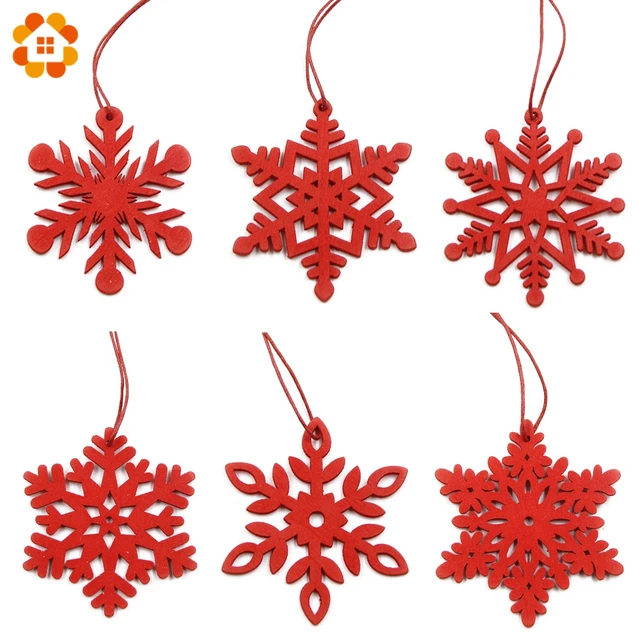 6pcs diy white red snowflakes christmas wooden pendants ornaments