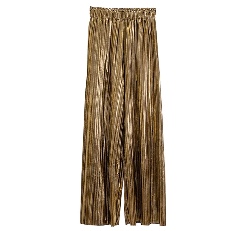 

NiceMix Big Size Women Metal Sense Pants Casual Wide Leg Pant Harajuku Gold Pleated Trousers Female Ankle-Length Pants