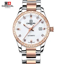 Carnival Watch Women Automatic Mechanical Luminous Rose Gold Stainless Steel Waterproof Girls Watches