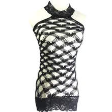  Plus size fishnet mini Dress black gross porosity Large grid Bodycon dress Lingerie Sexy Asymmetric mesh Bodysuit Halterneck 