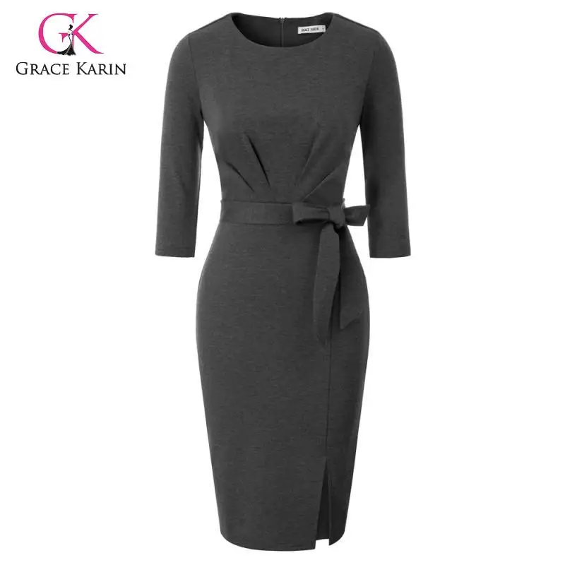 

Grace Karin Women Split & Pleated Pencil Dress 3/4 Sleeve Crew Neck waist belt tied slim fit Bodycon sheath dress